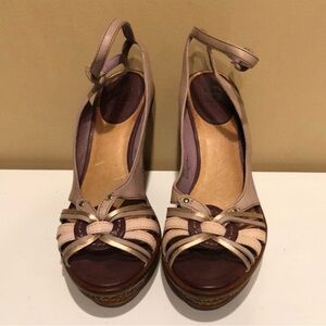 Frye Beige, Tan and Brown Strappy Wedge Sandals
